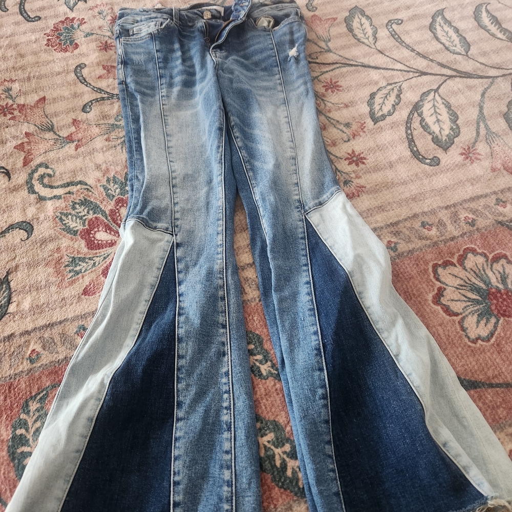 Womens Two-Tone Blue Panel Flare Jeans